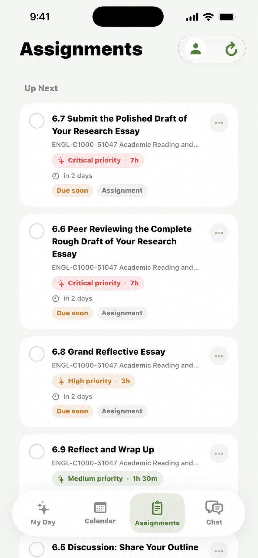 Tardy Assignments screen showing prioritized coursework