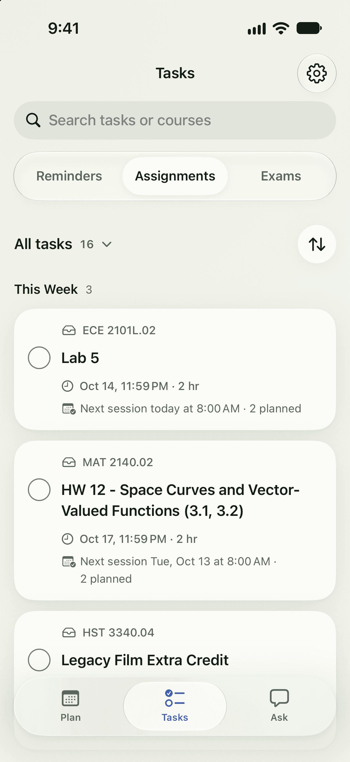 Tardy’s Tasks screen showing assignments with course names, due dates, time estimates, and upcoming study sessions