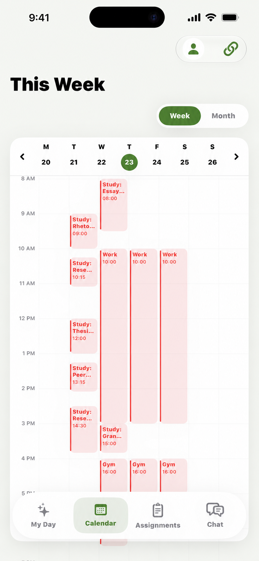 Tardy Calendar screen with study blocks fitted around existing events
