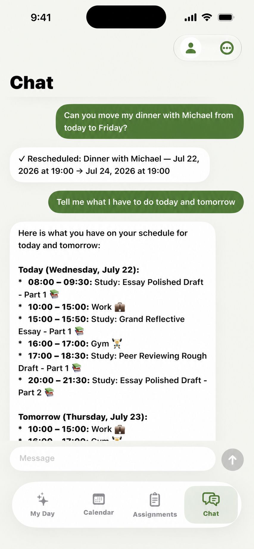 Tardy Chat screen confirming a requested schedule change