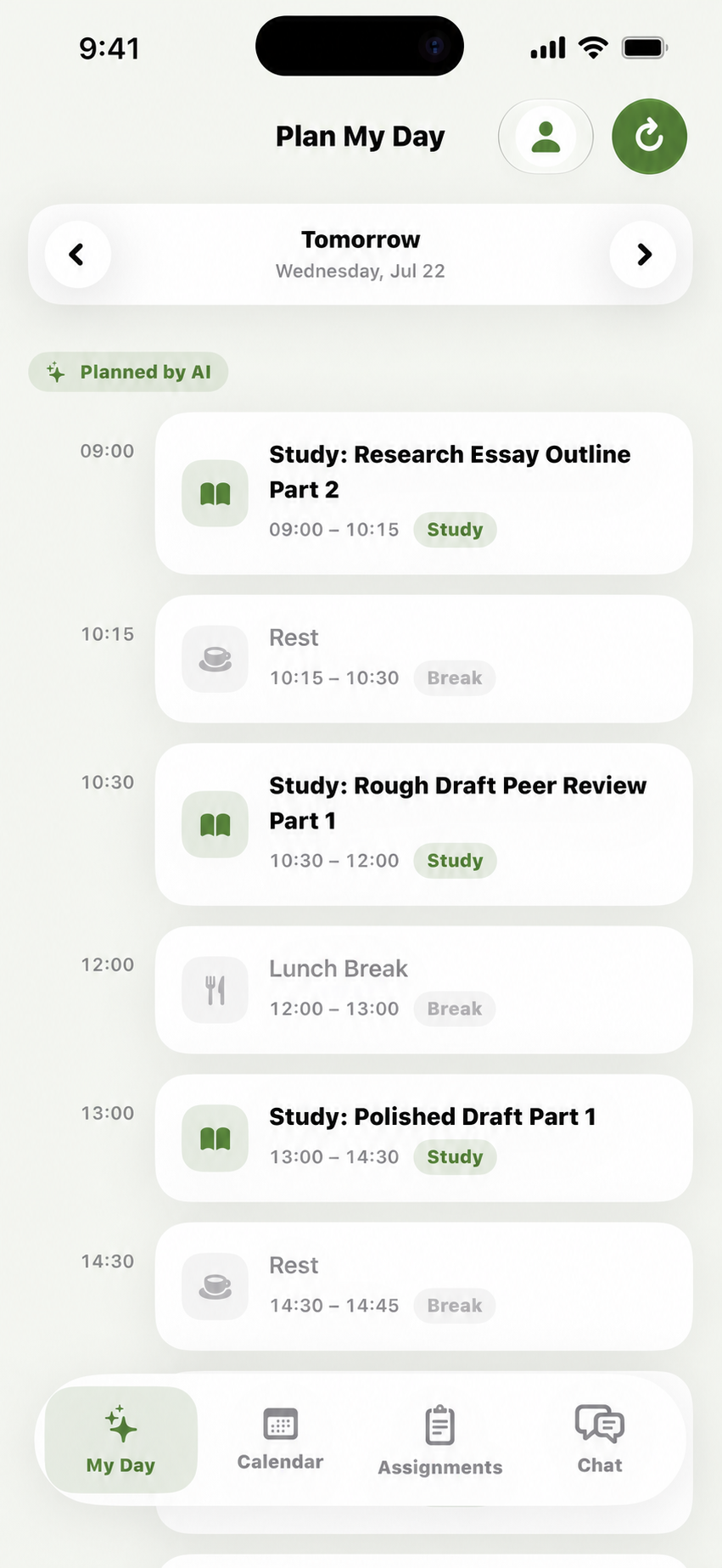Tardy My Day screen showing a practical study plan around existing commitments
