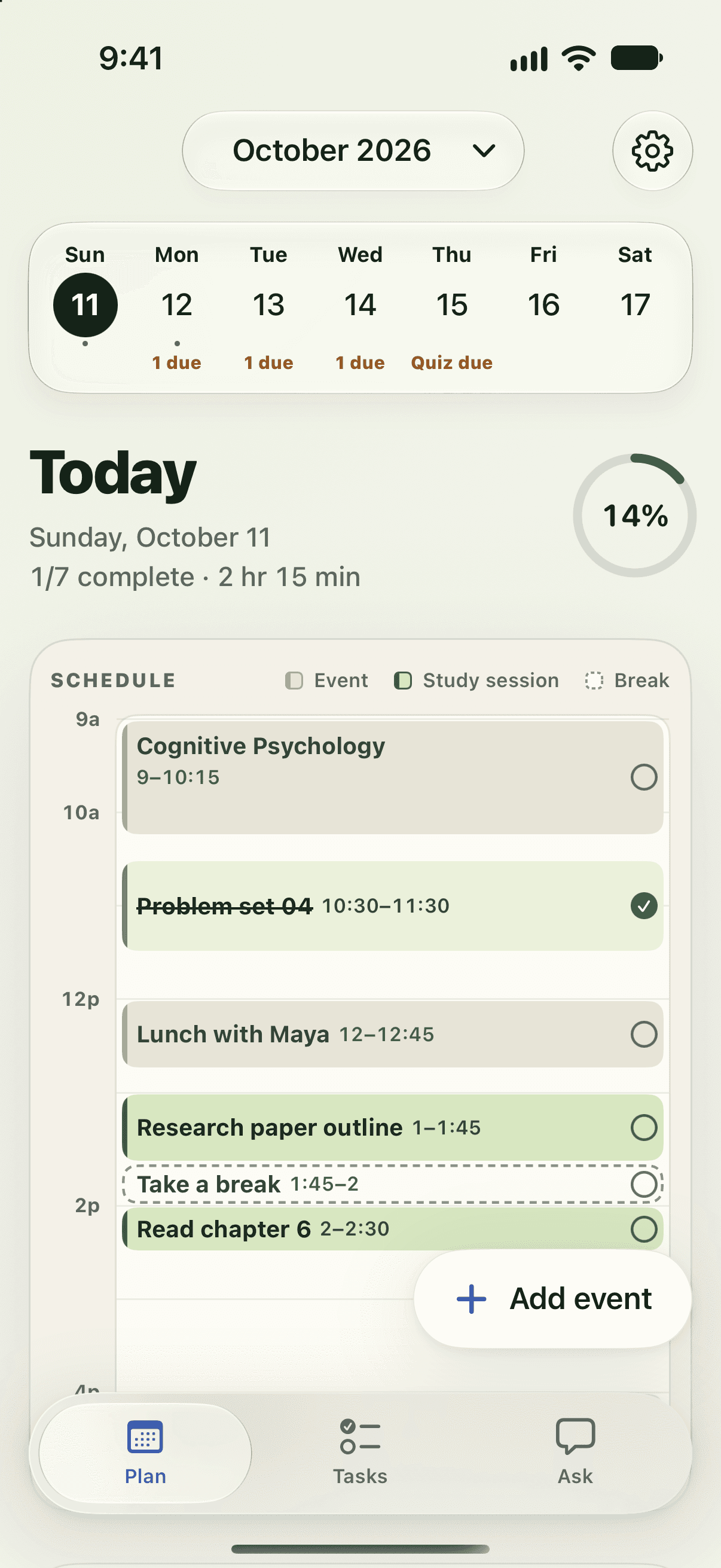 Tardy’s Plan screen showing a busy day with classes, study sessions, lunch, a break, and daily progress