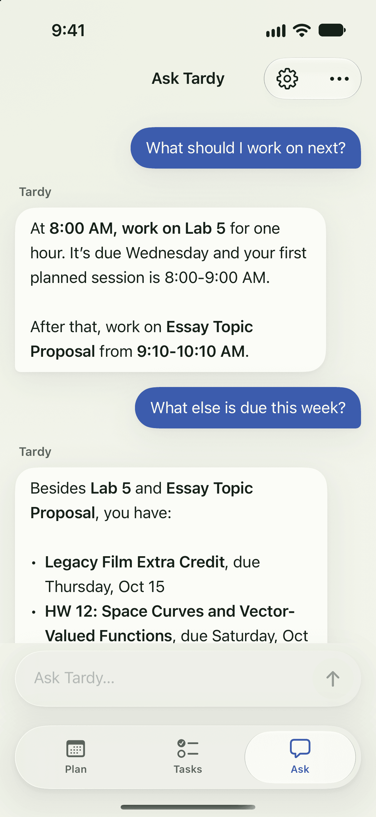 Ask Tardy recommending the next study sessions and listing upcoming assignment deadlines in a live conversation