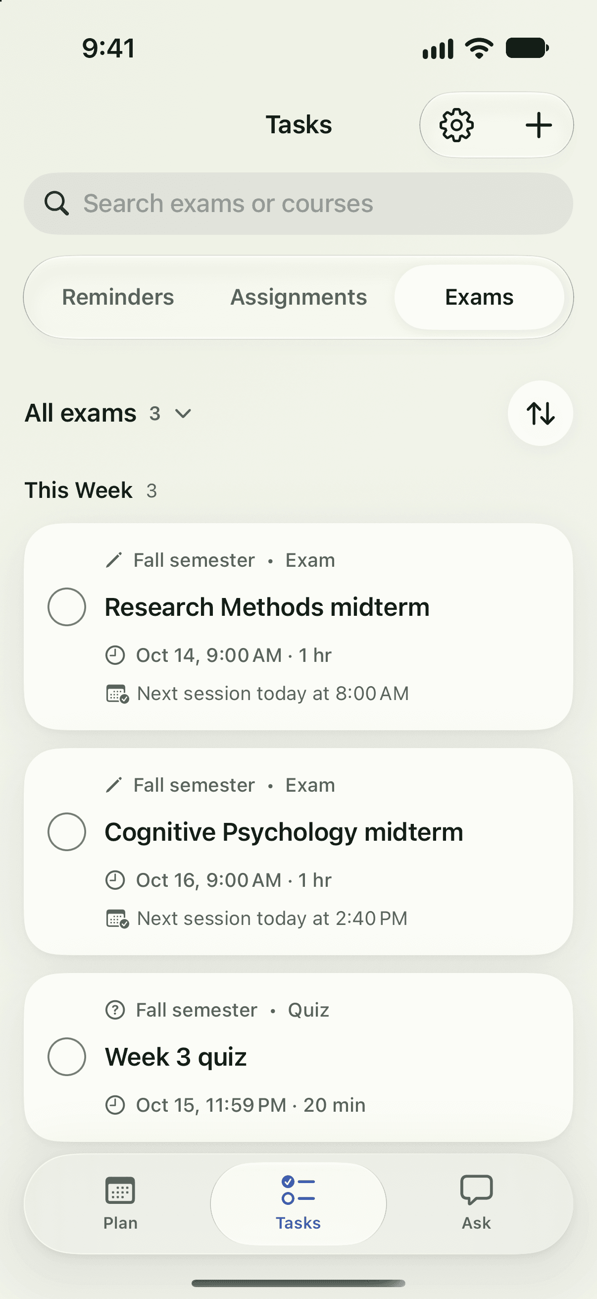 Tardy’s Exams workspace listing a quiz and upcoming midterms with dates, estimates, and planned study sessions